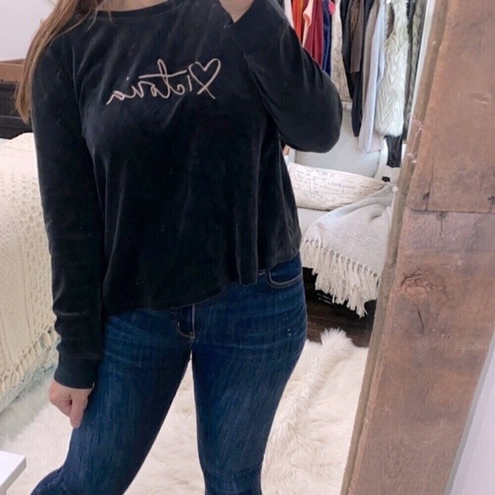 Victoria’s Secret black crushed velvet graphic sweatshirt size large open back